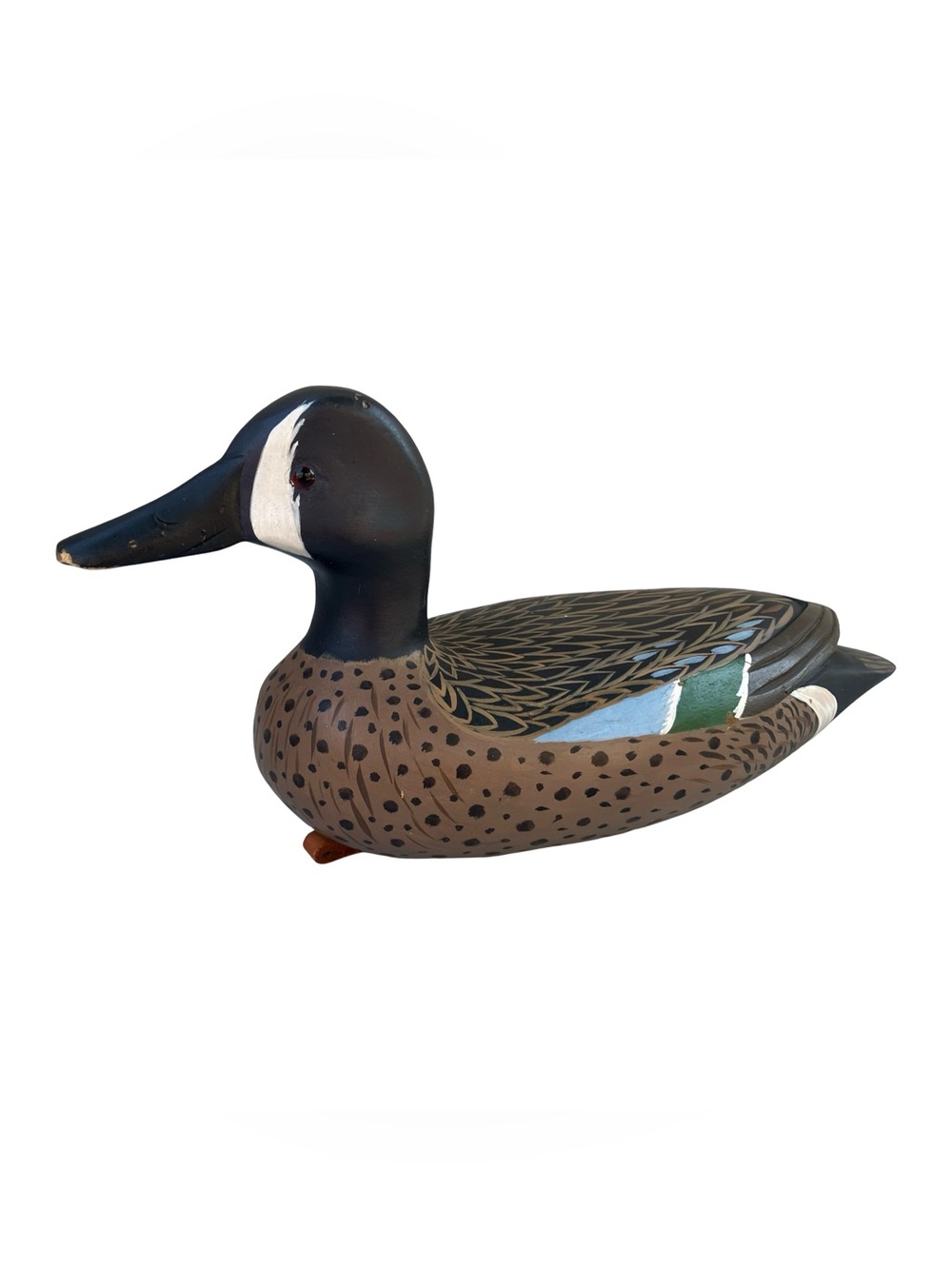 Blue Winged Teal Drake Duck Decoy Wooden Leather Rigging & Lead Weight 12in VTG